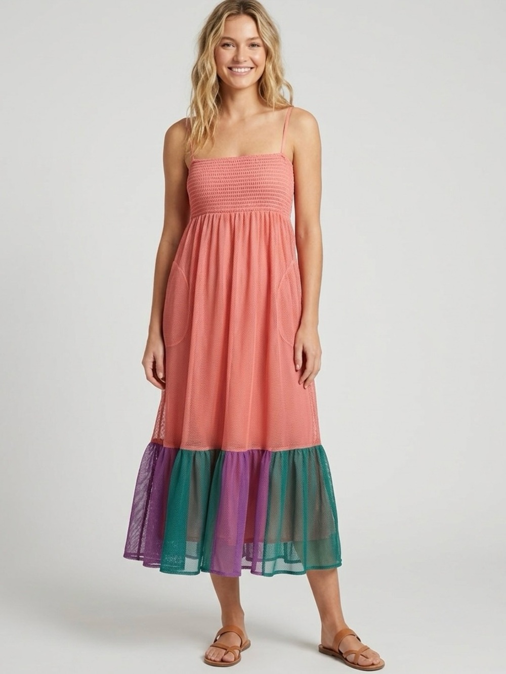 Shoshanna Colorblock Mesh Tiered Midi Dress Coral Purple Teal Smocked Size L NWT